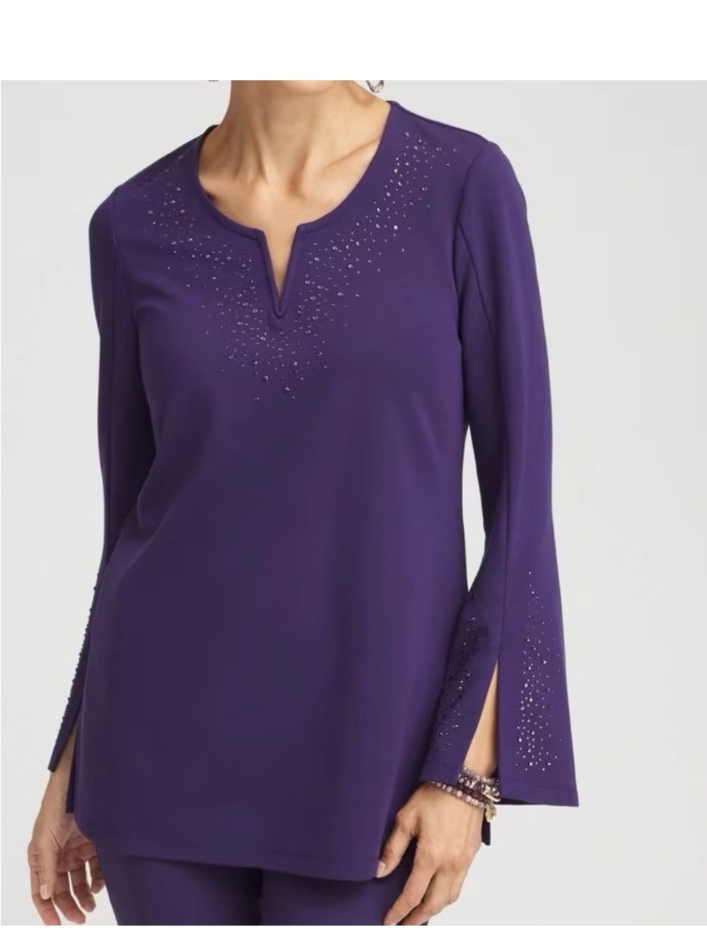 Chico’s Rhinestone Embellished Ponte Tunic Top Women’s Size L Stretch Knit Glam